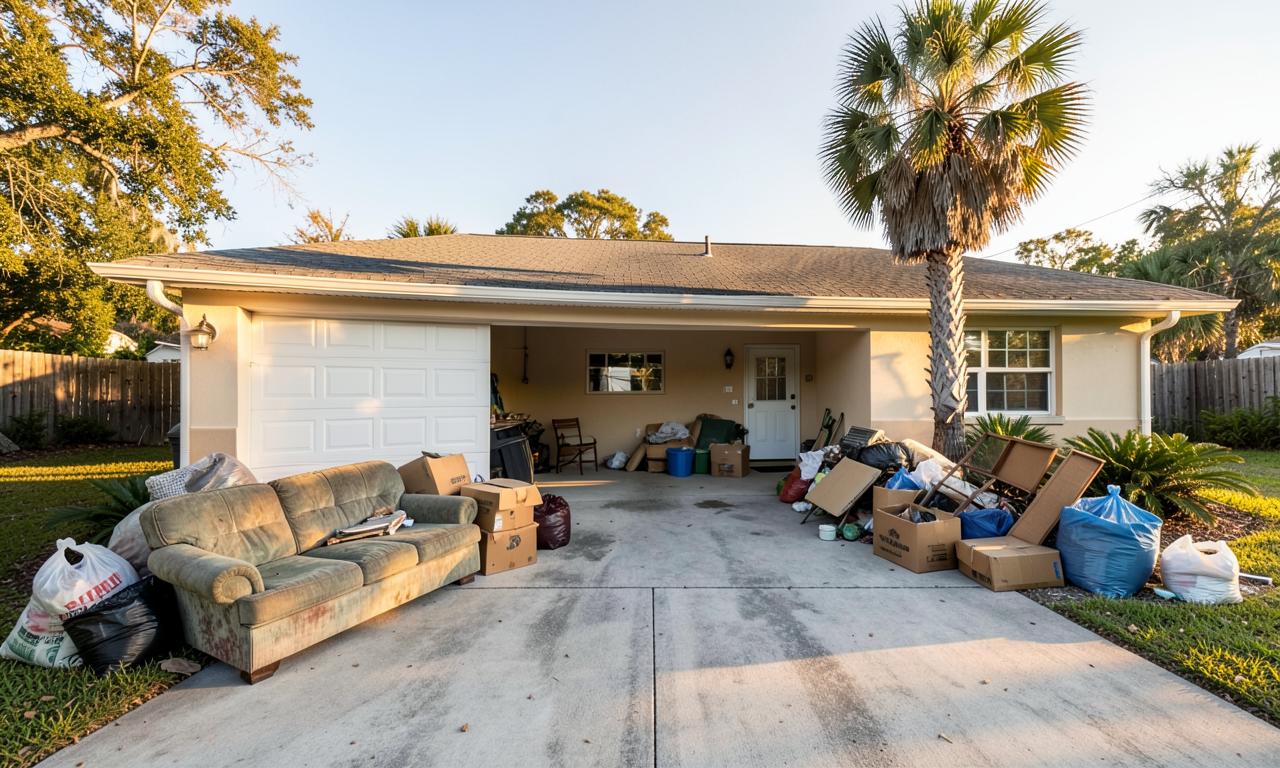 Before: a Florida driveway piled with junk, furniture, and boxes
